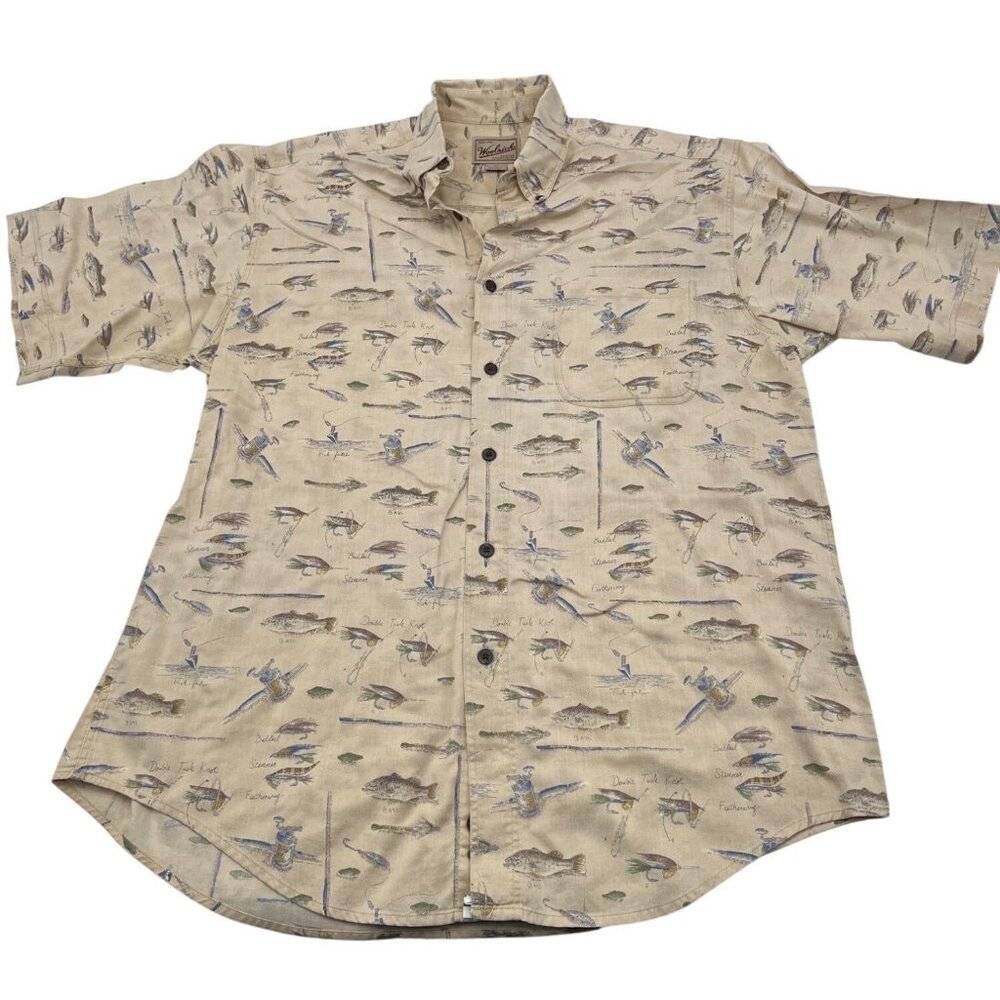 Woolrich Men's Fish Print Short Sleeve‎ Button-Up Shirt Size Large Beige Cotton